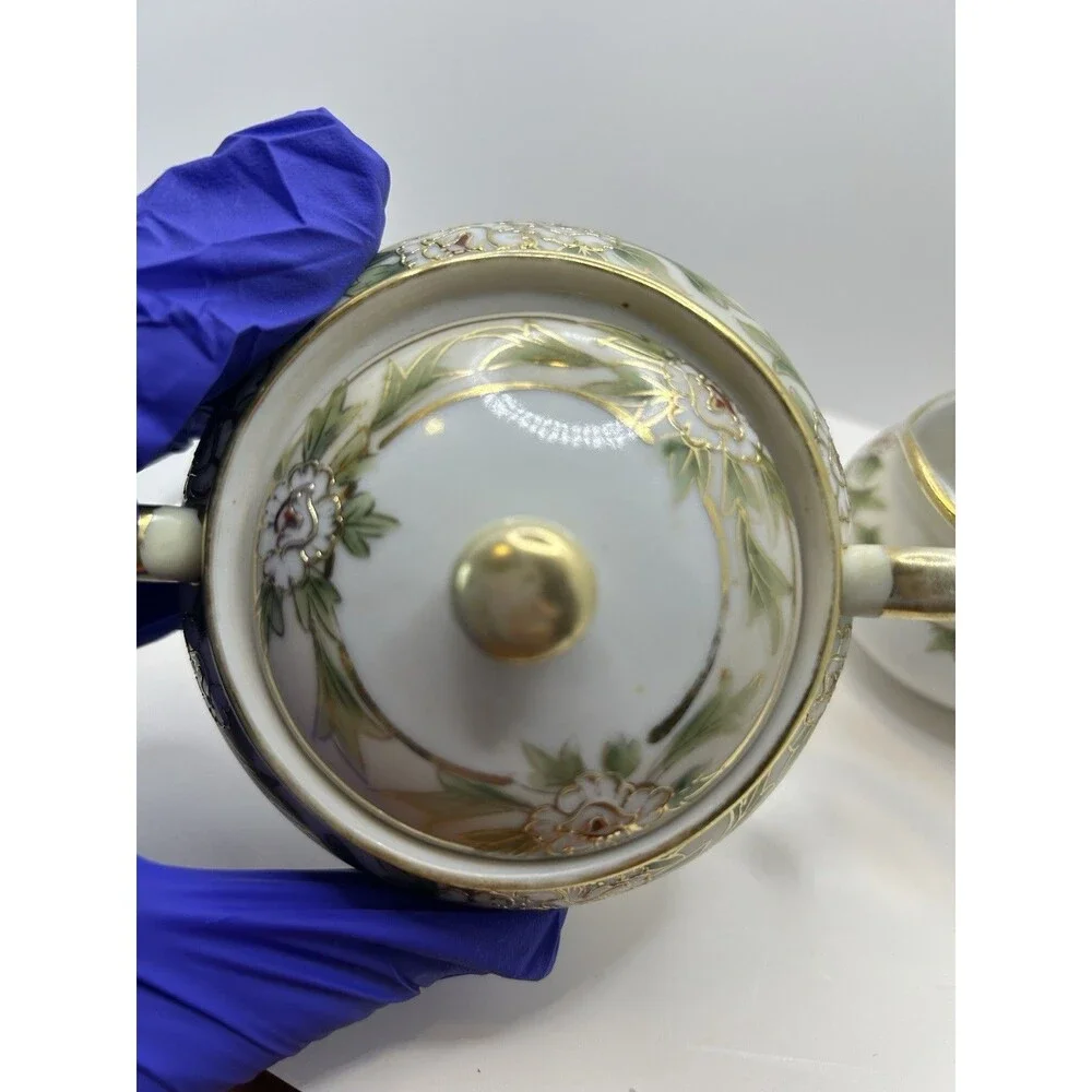 Nippon Floral Hand Painted Porcelain Creamer & Sugar Set W/Lid Vintage
